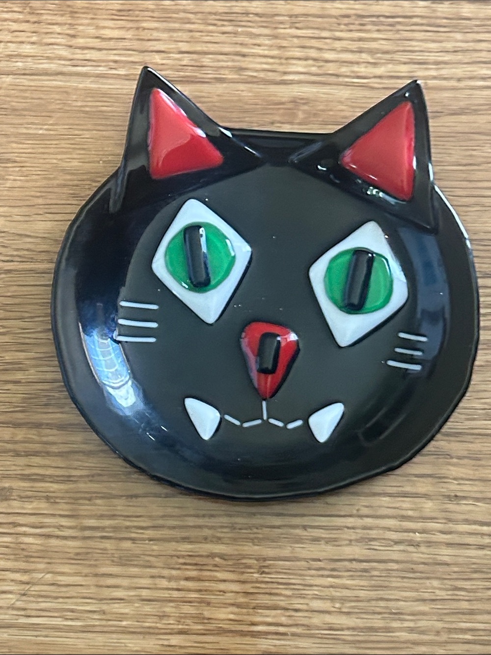 Black Cat Ceramic Trinket Dish - Green Eyes, Red Accents